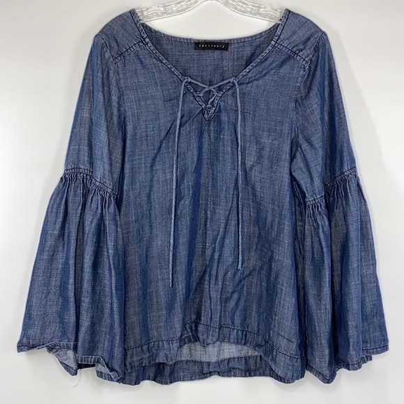 Sanctuary Chambray Lace Front Bell Sleeve Blouse - Picture 1 of 8
